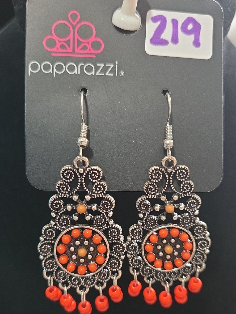 219# paparazzi Silver-Tone Orange Beaded Filigree Chandelier Earrings
